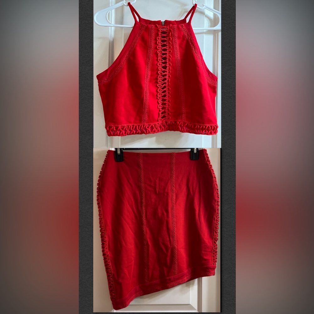 FREE PEOPLE Asymmetrical Skirt & Scoop Neck Cropped Top in Red Size SMALL